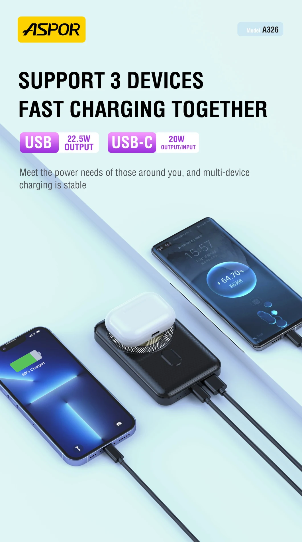 Aspor A326 New Magnetic Wireless Charging Power Bank for Mobile Phones